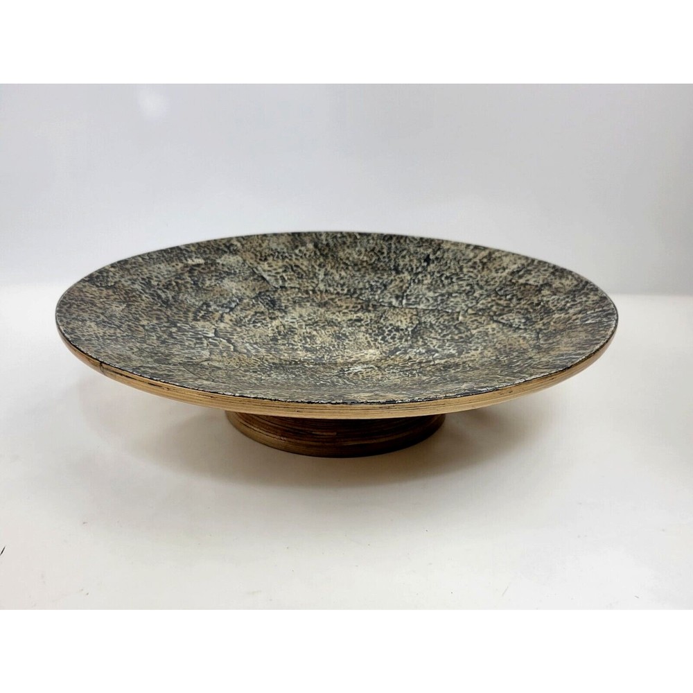 Large Decorative Centerpiece Bowl Bamboo Wood & Eggshell Pedestal Base 15" Nice!